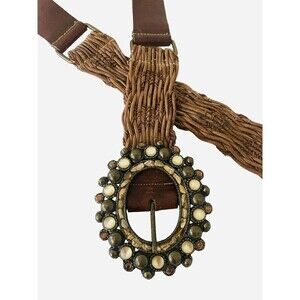 Vtg 90’s Leather Rock Sz L Leather Woven Belt Ornate Stone Metal Buckle